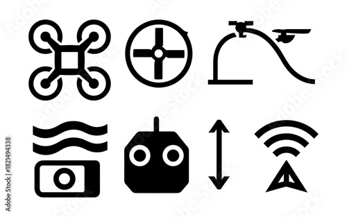 Drone technology icons set featuring remote control and aerial photography