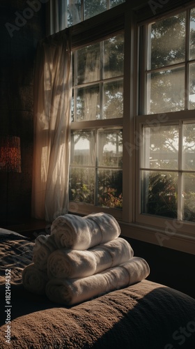 Sunlight Streaming Into a Serene Room With Neatly Stacked Towels by the Window