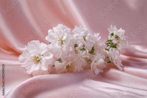 Delicate White Flowers on Soft Pink Fabric Create a Serene and Elegant Compos...