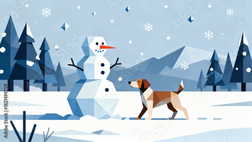 Illustration Of A Snowman Playing With A Dog, With A Background Of Trees And Mountains In The Distance And Falling Snow Vector Design Template
