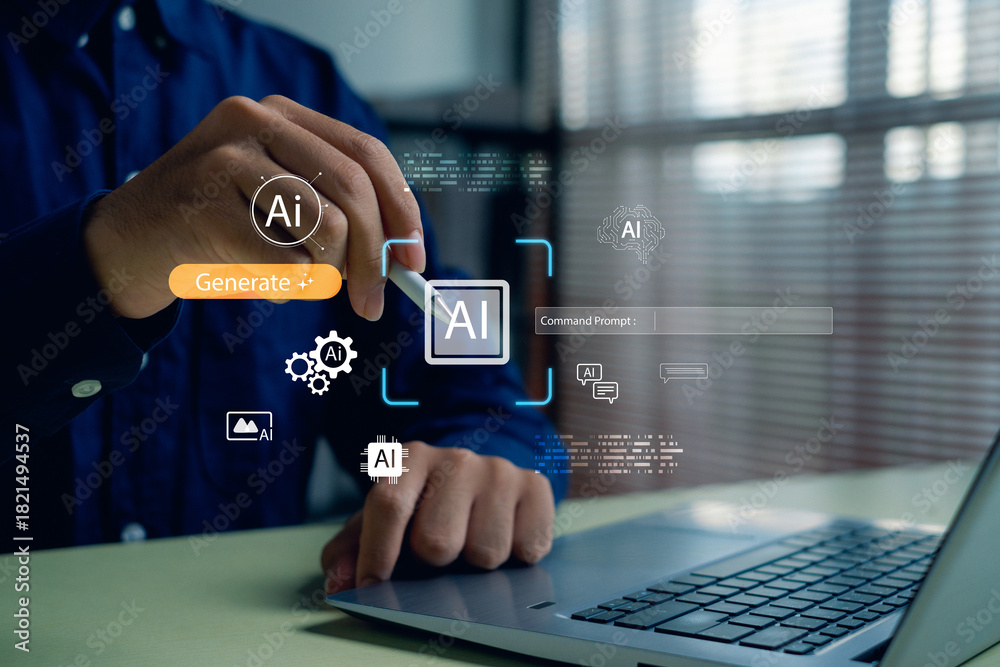 Naklejka premium person using a digital pen to interact with futuristic AI interface icons on laptop, representing artificial intelligence innovation, smart technology solutions, automation, modern digital workflow.