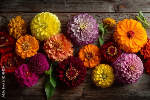 Colorful Assortment of Fresh Flowers Arranged Beautifully on a Wooden Surface