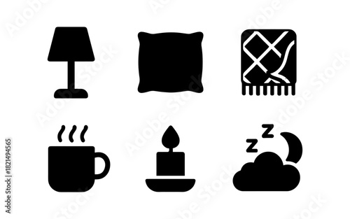 Cozy home icons set: lamp, pillow, blanket, mug, candle, sleep