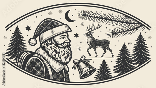 Vintage Santa Claus with reindeer in winter wonderland for holiday season greeting cards and festive designs