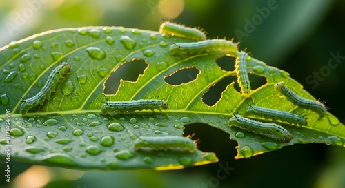 Green caterpillars on a vibrant green leaf with water droplets close up
