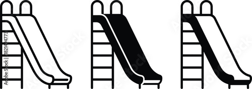 Set of Three Playground Slide Icons, Outline Glyph and Mixed Styles, Children's Park Recreation Equipment Fun Symbol, Simple Monochrome Vector Graphic