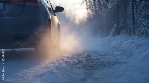 minimalistic winter driveway, car idling with light exhaust vapor, soft morning light, thin layer of snow, calm cold atmosphere