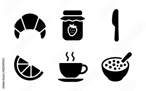 Breakfast icons: croissant, jam, knife, orange slice, coffee cup, cereal bowl