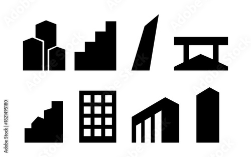 Collection of minimalist architectural silhouettes showcasing modern urban design elements
