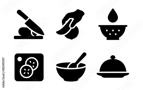 Cooking icons set: monochrome kitchen utensils and food preparation symbols