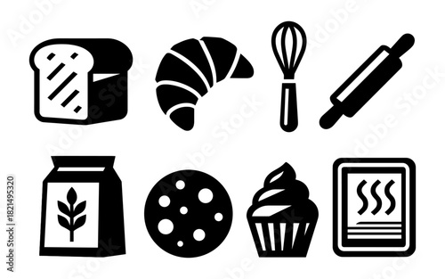 Bakery icons: bread, croissant, whisk, and baking tools in bold silhouette style