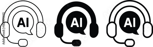 Set of Three AI Customer Support Icons, Outline Glyph and Mixed Styles, Artificial Intelligence Service Technology Chatbot Symbol, Monochrome Vector Graphic