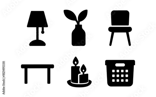 Minimalist home decor icons featuring lamp, plant, chair, table, candles, and basket