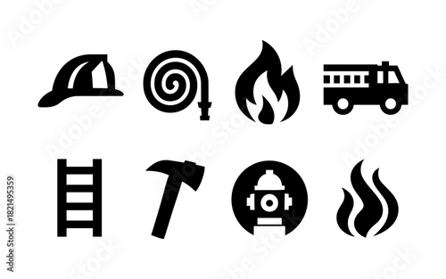 Essential firefighter icons: hat, hose, flame, and truck in bold black