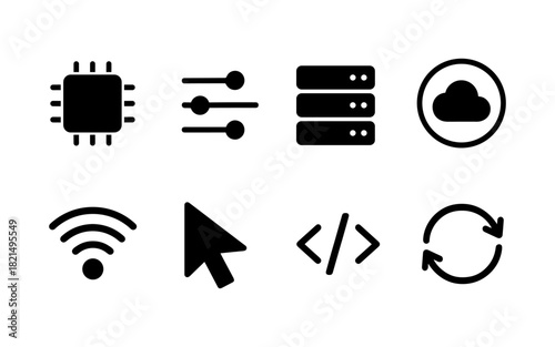 Technology icons set: cloud, wifi, microchip, sync, code and more