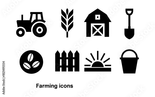 Farm icon set featuring tractor barn shovel and crop elements in black silhouette style