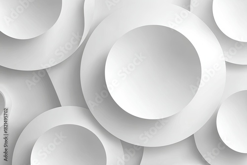 Abstract, minimalist design with overlapping 3D white circles and subtle shadows for depth