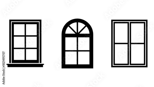 Diverse architectural window designs: classic multi-pane, elegant arched, and modern styles, perfect for building projects, home design, and graphic illustrations.