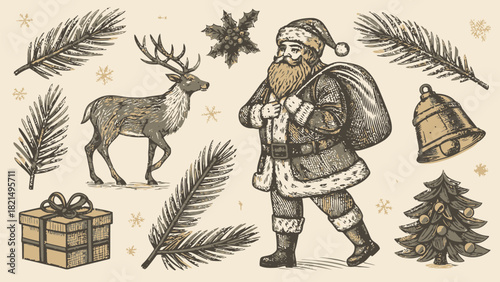 Santa's vintage holiday delivery with reindeer, Christmas tree, bell, and gifts evokes festive cheer and timeless tradition