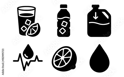 Monochrome beverage icons: juice, bottles, citrus, and water drops
