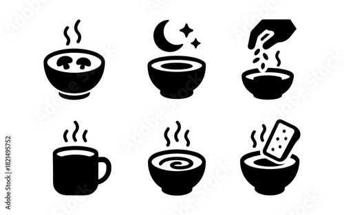 Minimalistic food icons featuring soup, tea, and seasoning elements