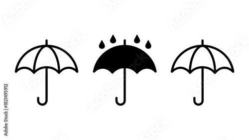 Umbrella icon set with outline and solid designs, including one protecting from falling raindrops, representing weather, packaging, and safety symbols.