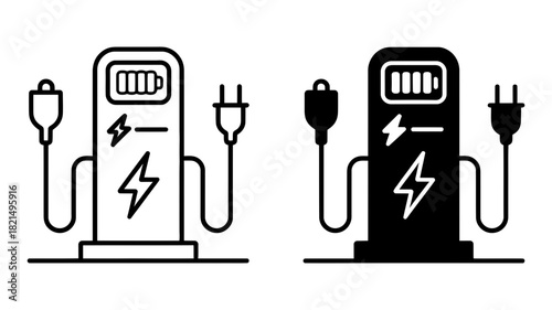 Electric vehicle charging station icon set, featuring outline and filled styles, symbolizing sustainable transportation, clean energy, and modern mobility.