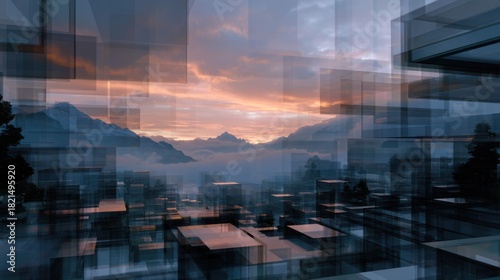 Abstract landscape showing layered glass structures against a vibrant sunset over misty mountains