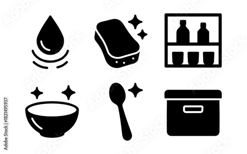Minimalist kitchen silhouette icons: clean utensils and storage essentials