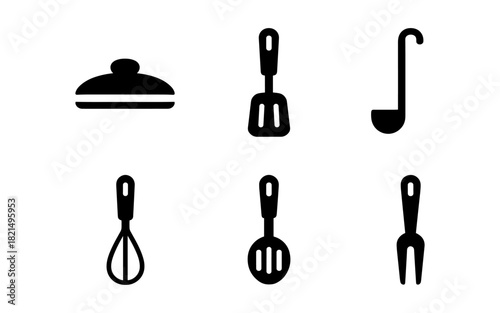 Essential kitchen utensils set in simple silhouette style