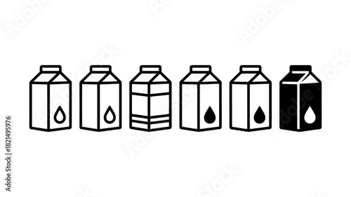 Collection of minimal black and white vector icons representing milk cartons and juice boxes, featuring a liquid drop symbol, perfect for dairy product packaging