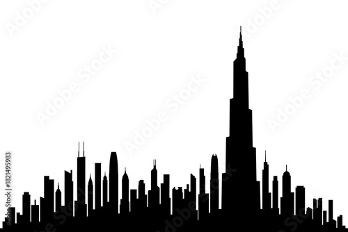 Solid Black Silhouette of Asian Megacity Skyline - Thin Towers and Dominant Peak Inspired by Hong Kong/Shanghai on White