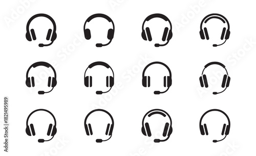 Headset and headphone icon set. Vector collection of customer service, call center, and gaming equipment symbols isolated on white. Illustration eps 10