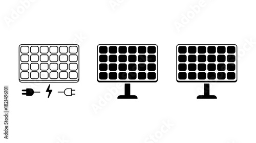Outline and solid black vector icons of solar panels for renewable energy, sustainable power, green technology, and eco-friendly solutions.