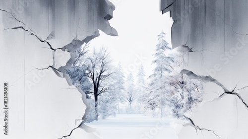 Cracked Wall Revealing Snowy Forest Landscape with Trees in Winter, Evoking a Sense of Mystery