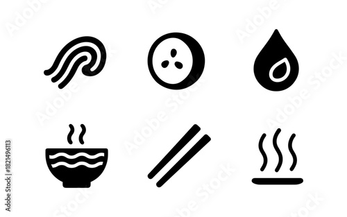 Minimalist asian cuisine icons: noodles, bowl, chopsticks, cucumber, drop