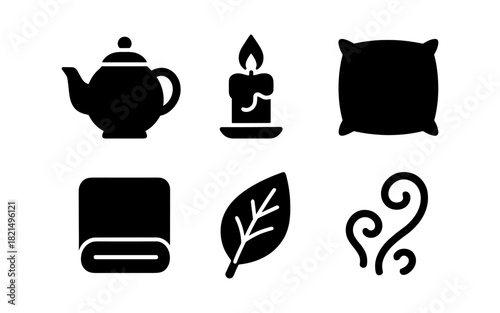 Cozy home icons: teapot, candle, pillow, blanket, leaf, steam in silhouette style