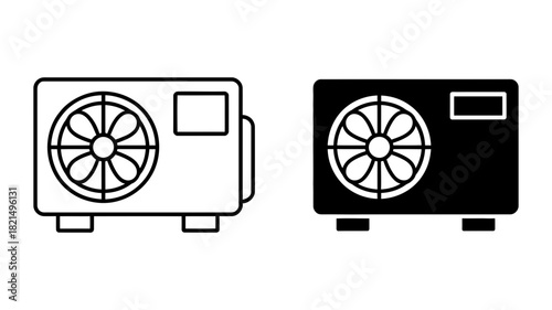 Air conditioner outdoor unit icon, featuring both outline and solid fill styles, symbolizing hvac, cooling, and climate control technology.