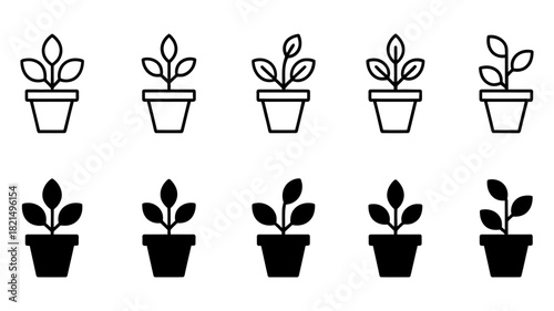 Growing potted plant icon set, featuring minimalist outline and solid designs, symbolizing development, nature, agriculture, and new beginnings vector graphic.