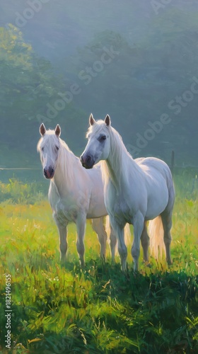 Two White Horses in a Green Field at Sunrise in a Tranquil Rural Setting