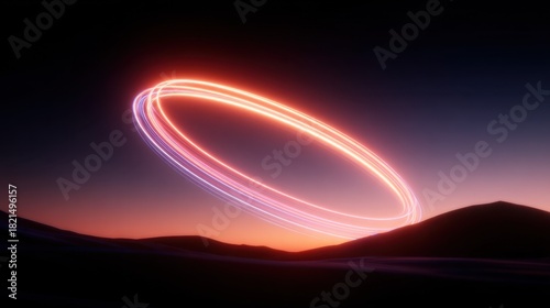 A mesmerizing display of glowing rings in the twilight sky above a serene mountain landscape
