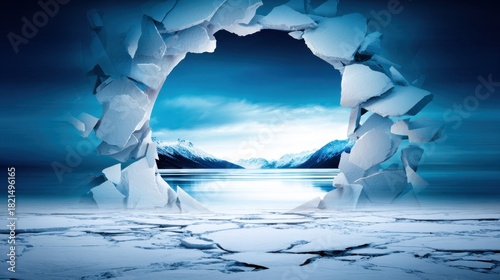 A stunning icy landscape with a broken ice wall revealing a serene lake and mountains in the background