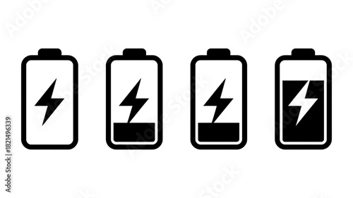 Black battery charging icons displaying progressive power levels with a lightning bolt, symbolizing energy, technology, and mobile device status.