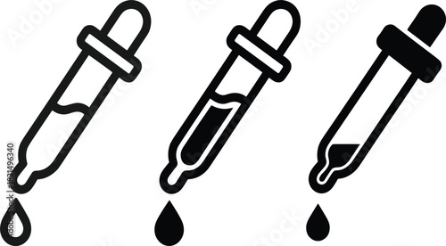 Set of Three Dropper Pipette Icons, Outline Glyph and Mixed Styles, Science Laboratory Liquid Measurement Experiment Symbol, Monochrome Vector Graphic