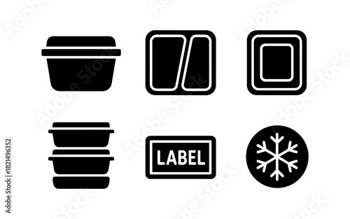Set of black container icons with labels and snowflake symbol for freezing
