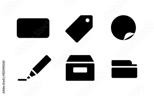 Minimalist business icon set: office supplies and stationery in simple black style