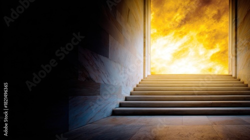 Ethereal staircase leading to a glowing horizon, symbolizing hope and new beginnings at dusk