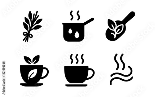 Black silhouette icons of herbal tea ingredients and hot beverage mugs