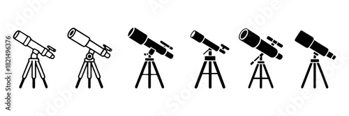 Astronomical telescope vector icons set, collection of observatory and stargazing optics symbols on tripod for science and discovery exploration