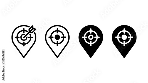 Target location pin vector icon set for navigation, aiming, strategy, success, and business goals on white background, editable stroke.